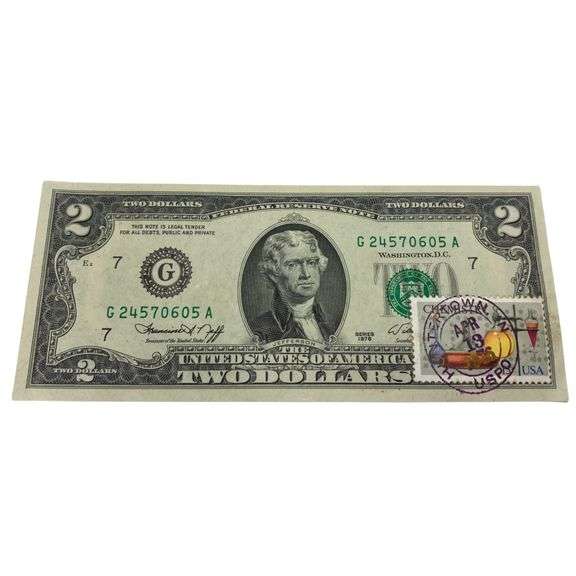 Uncirculated Apr 13 1976 $2 Bill First Day Issue with Chemistry Stamp Huntertown Indiana