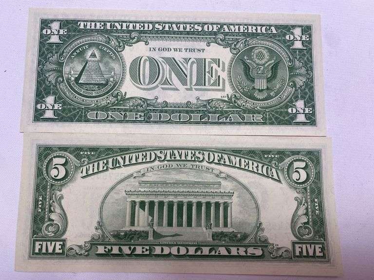 2 Very Crisp Bills 1963 $5 Fowler + $1 Dillon One Dollar Bill Currency Ungraded