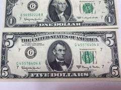 2 Very Crisp Bills 1963 $5 Fowler + $1 Dillon One Dollar Bill Currency Ungraded