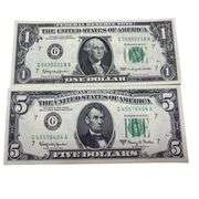 2 Very Crisp Bills 1963 $5 Fowler + $1 Dillon One Dollar Bill Currency Ungraded