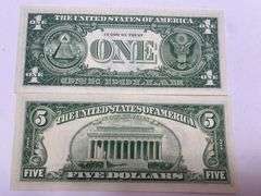 2 Very Crisp Bills 1963 $5 Fowler + $1 Dillon One Dollar Bill Currency Ungraded