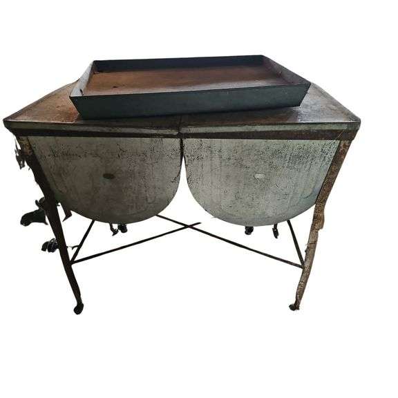 Primitive Kitchen Double Sink with Rolling Frame & Tray
