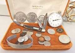 Misc LOT Coins Silver Foreign US Old Timer Pocket Knife Stop Watch