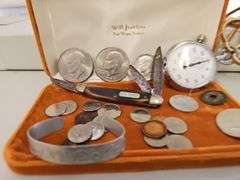 Misc LOT Coins Silver Foreign US Old Timer Pocket Knife Stop Watch