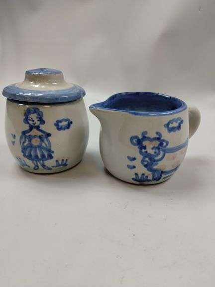 Hadley Pottery Country Scene Creamer Sugar Butter Milk Maid Cows Girl