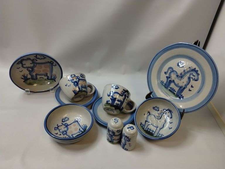 Hadley Pottery Country Scene Horse Cow Cups Plates Bowls S/P