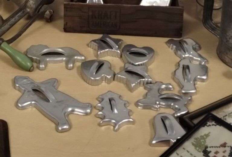 Pickers LOT: Vintage Antique Kitchen Crocks Cookie Cutters Samplers Embroidery