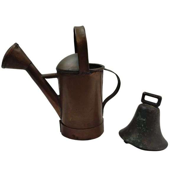 Antique 8" Copper French Watering Can + Cow Bell Cast