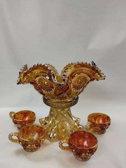 Carnival Glass Marigold Punch Bowl Base Cups Luster Hollywood Regency