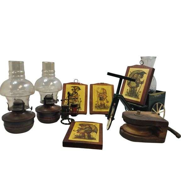 Pickers LOT: Barn Pulley Oil Lamps Salt Pepper Plaque