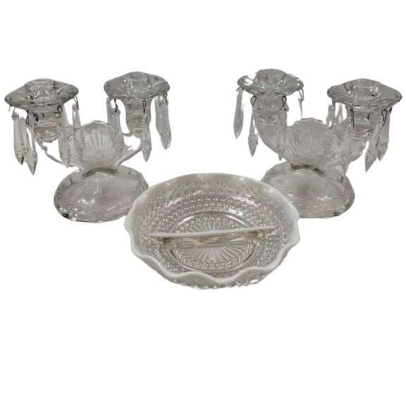 Jeanette Sunburst Herringbone Candle Holders Drops Hobnail French Opal Fenton? Glass