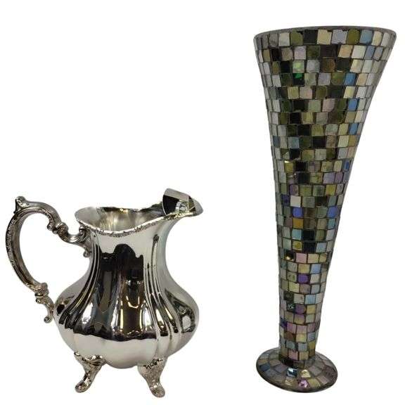 Towle Silverplated Ice Water Pitcher + Mosaic 16" Vase Glass Hand Made