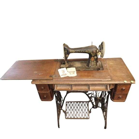 Antique Singer No 66 Sewing Machine Treadle Leather Belt 4 Drawer+Tip Out Table
