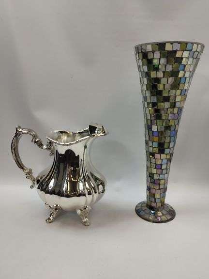 Towle Silverplated Ice Water Pitcher + Mosaic 16" Vase Glass Hand Made