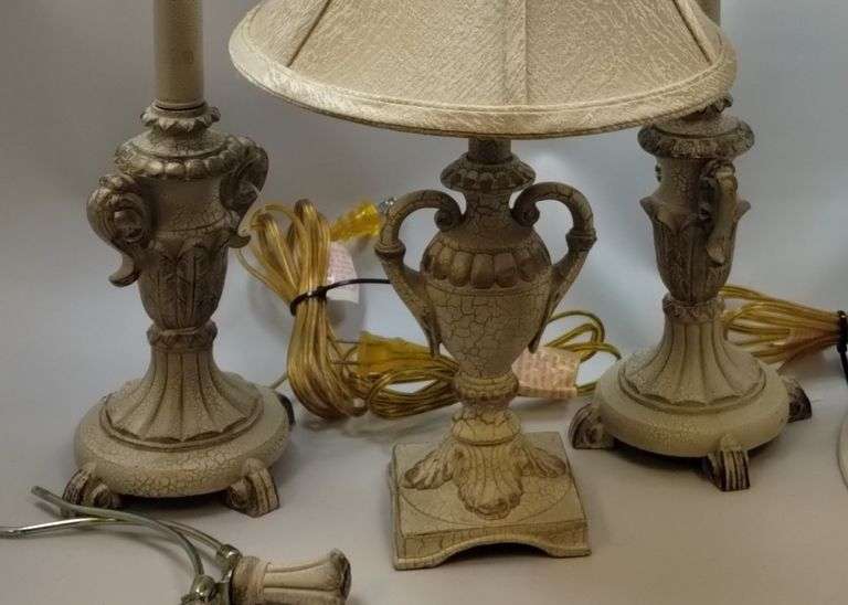 Table Lamp Set Crackle White Cottage Core Country Ornate