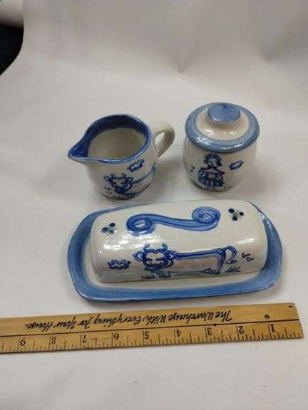 Hadley Pottery Country Scene Creamer Sugar Butter Milk Maid Cows Girl