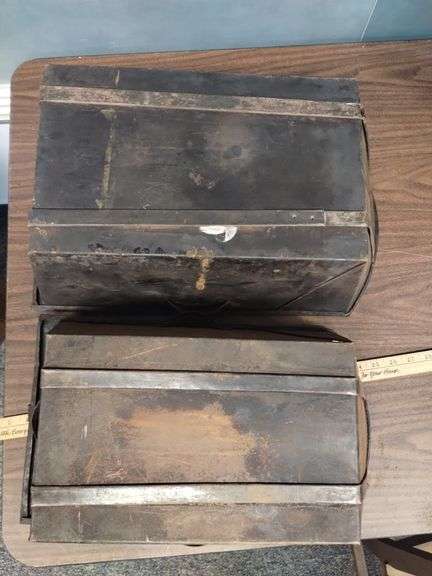 2 Tin Food Warmers Ash Bins Coal Carriage Foot Antique