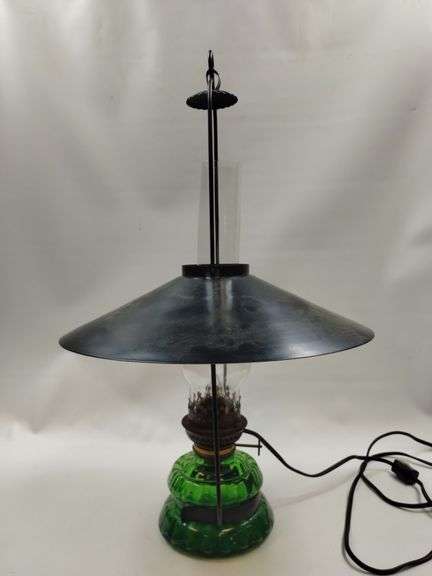 Antique Oil Lamp Hanging Country Store Green Glass Architectural Ceiling