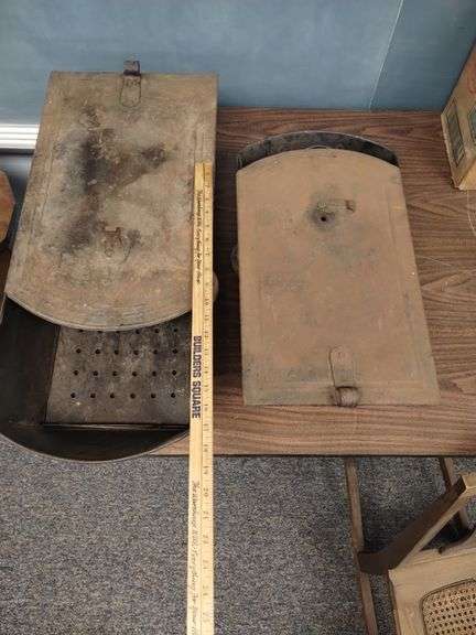 2 Tin Food Warmers Ash Bins Coal Carriage Foot Antique