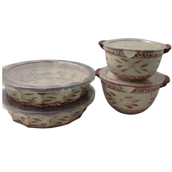 Temptations Two Mixing Bowls Lids + 2 Pie Dishes Old World