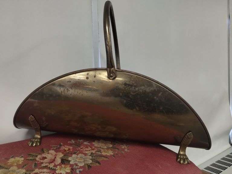 Pickers LOT: Needle Point Foot Stool Storage Brass Log Magazine Rack