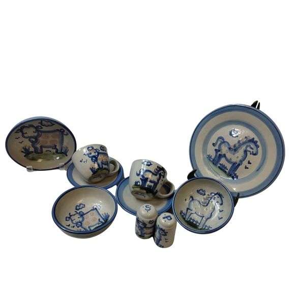 Hadley Pottery Country Scene Horse Cow Cups Plates Bowls S/P