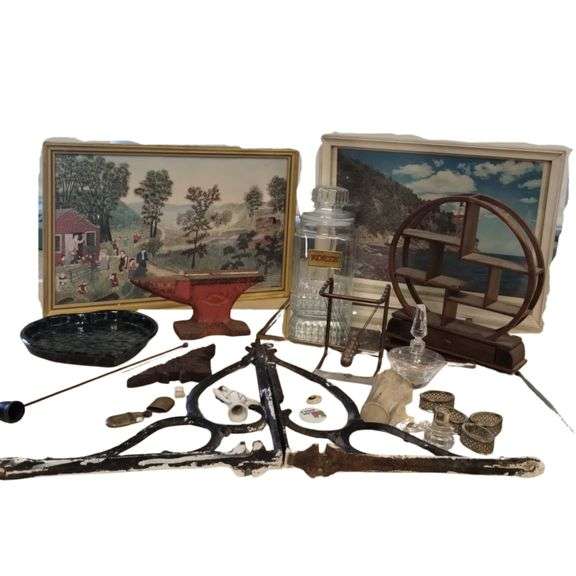 Pickers LOT: Vintage Prints Miniature Shelves Hardware & More