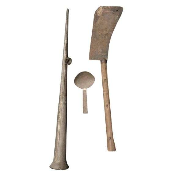 Antique 1830-60s Tin Horn Noise Maker Parade Protest + Primitive Hatchet