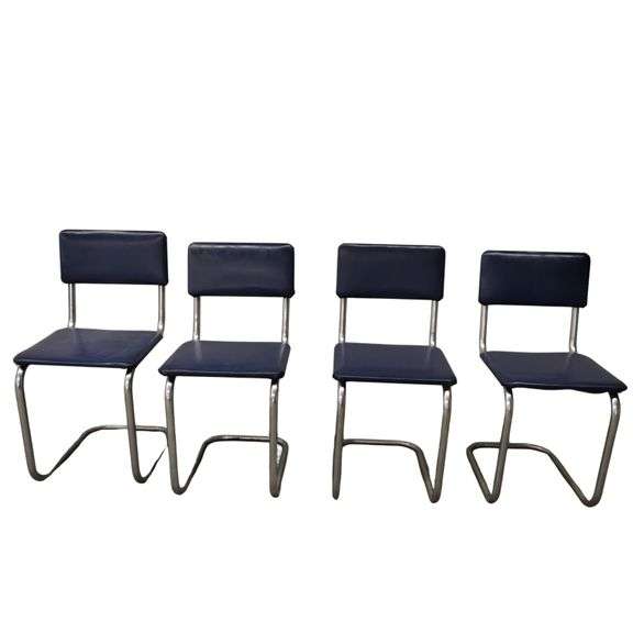 MCM Midcentury Modern Chrome Leg Kitchen Chairs Blue Pleather 1950s
