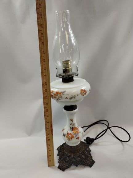 Milk Glass Electrified Oil Lamp Ornate Parlor Cast Metal Base
