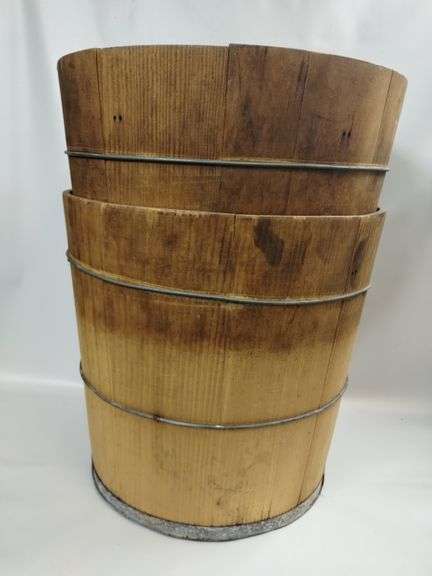 2 Antique Wood Plank Half Barrel Buckets Bale Wire