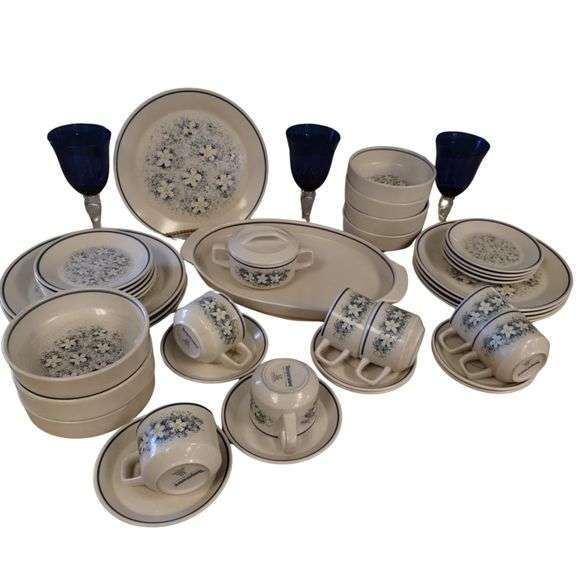 MCM MidCentury Modern Dishes Set LENOX DewDrops Blue Floral Stoneware