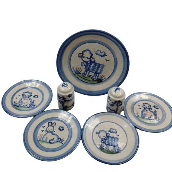 Hadley Pottery Country Scene LOT Dinner Plate Lunch Salt Pepper