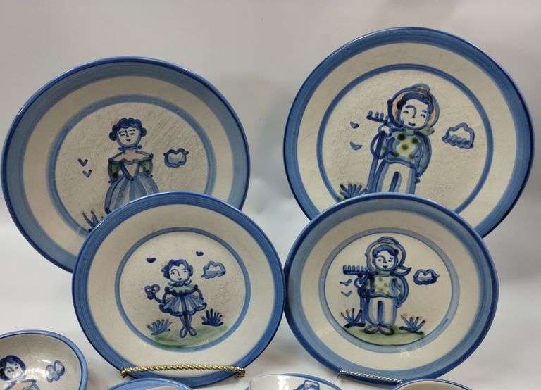 Hadley Pottery Country Scene 2 5pc Sets Farmer Wife Girl Cups Plates Bowls