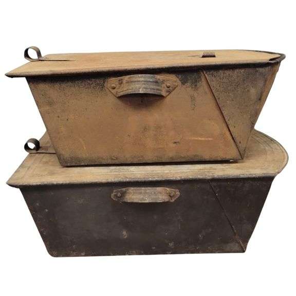 2 Tin Food Warmers Ash Bins Coal Carriage Foot Antique