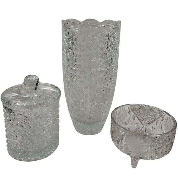 3 Hand Cut Lead Crystal American Brilliant Cut 15" Vase Lidded Humidor Bowl