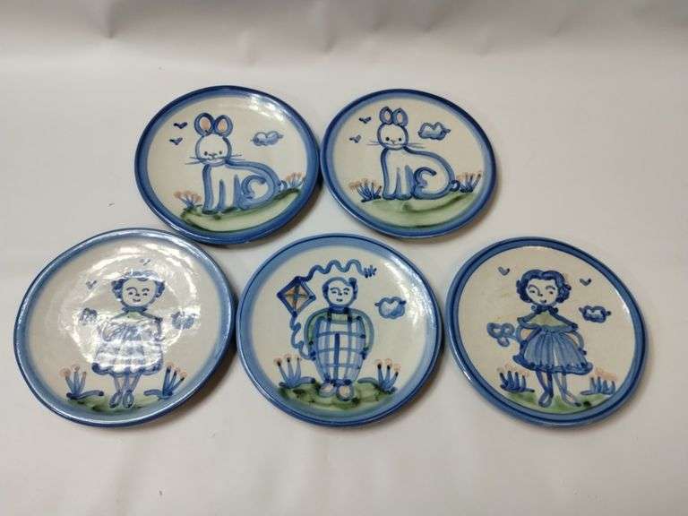 Hadley Pottery Country Scene 6" Bread Snack Plates Rabbit Girls Boy Kite 5pc