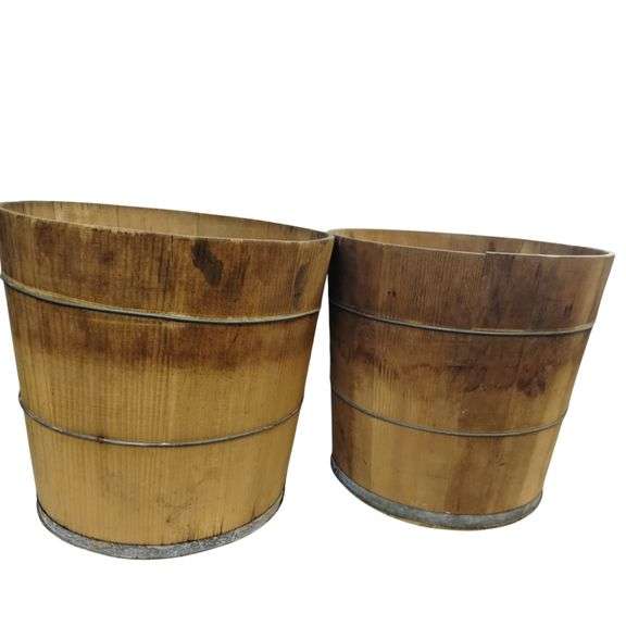 2 Antique Wood Plank Half Barrel Buckets Bale Wire