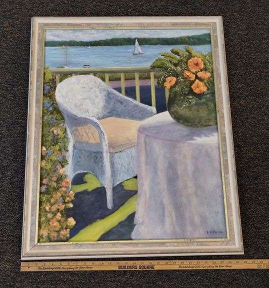 24x30in Painting Acrylic S St Pierre Patio Overlooking Lake Sailboats 1998