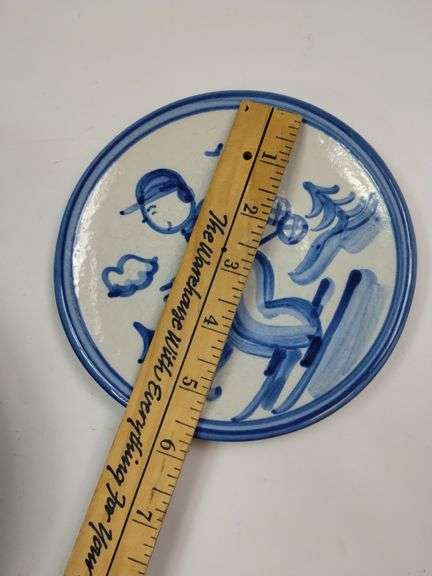 Hadley Pottery Country Scene Winter Boy Skis Serving Bowl + Plate