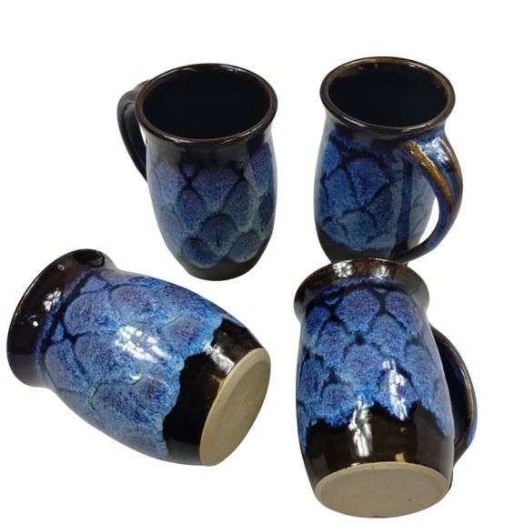 4 Doug Dotson Pottery Soda Fired Mugs Fishscale Patten Blue Brown