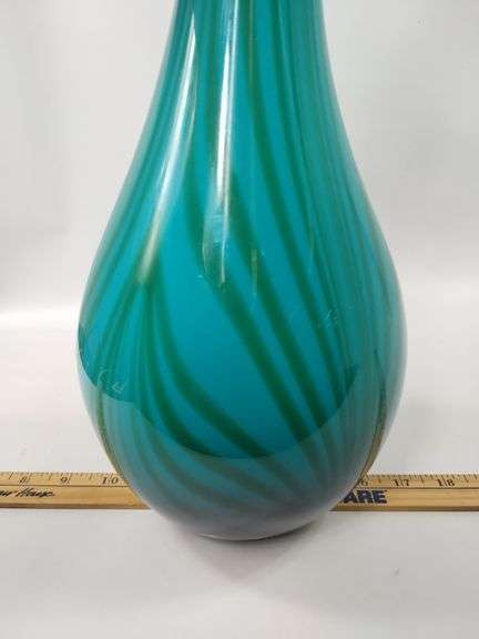 25" Decor Vase Art Glass Hand Blown Pulled Murano Peacock Blue Green