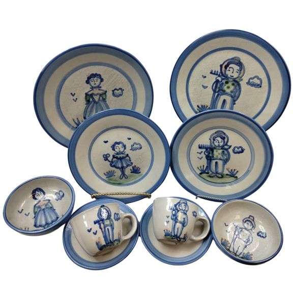 Hadley Pottery Country Scene 2 5pc Sets Farmer Wife Girl Cups Plates Bowls
