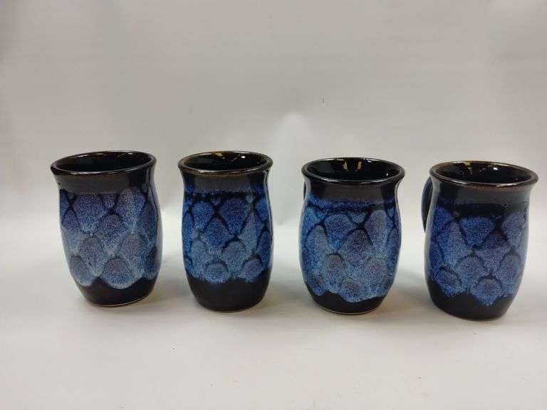 4 Doug Dotson Pottery Soda Fired Mugs Fishscale Patten Blue Brown