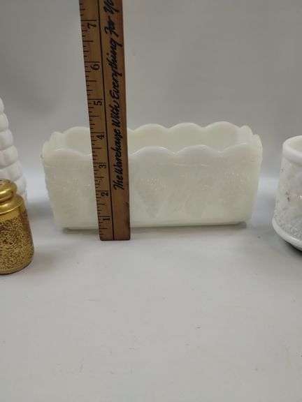 Pickers LOT: Vintage Pressed Pattern Milk Glass Blue Gold Finish