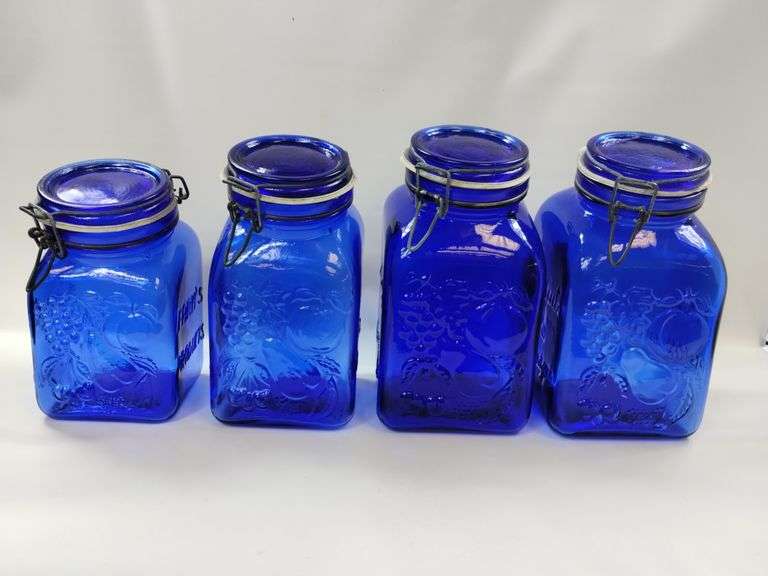 Casadis Milano Cobalt Blue Glass Canisters Fruit Embossed 4pcs