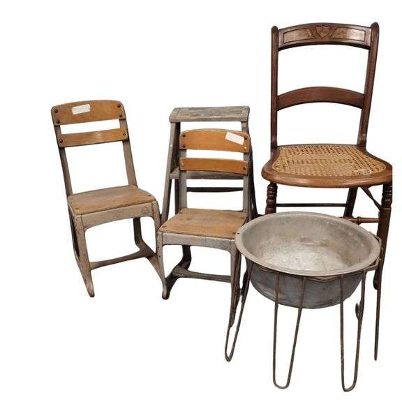 Pickers LOT: Vintage School Chairs Step Ladder Cane Seat Basin