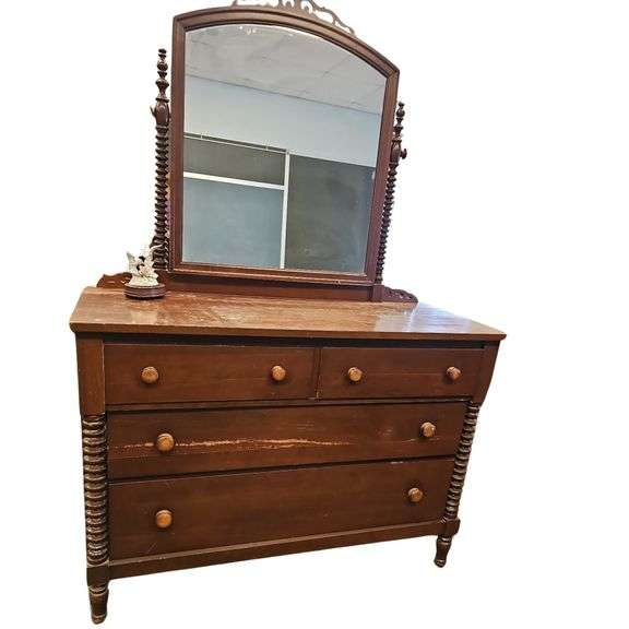 Antique 4 Drawer Mirror Spool Spindle Country Dresser