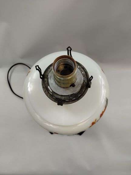 Milk Glass Electrified Oil Lamp Ornate Parlor Cast Metal Base