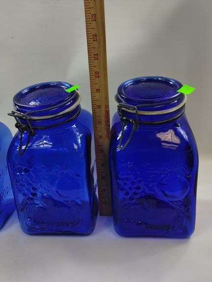 Casadis Milano Cobalt Blue Glass Canisters Fruit Embossed 4pcs